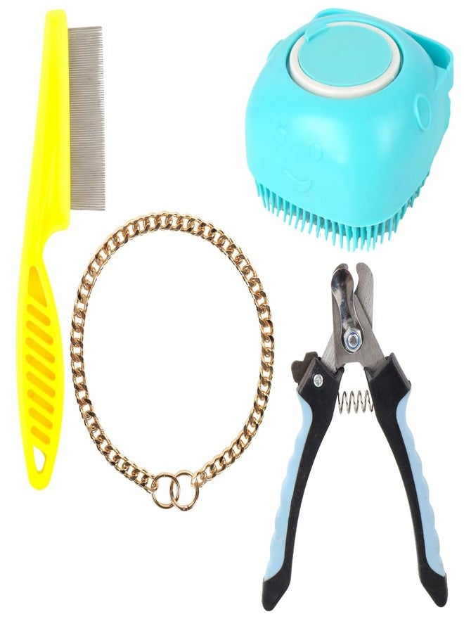 مجموعة أدوات العناية بالكلاب مع مقص أظافر وفرشاة شامبو ومشط للبراغيث وطوق سلسلة، طقم من 4 قطع - Image 1